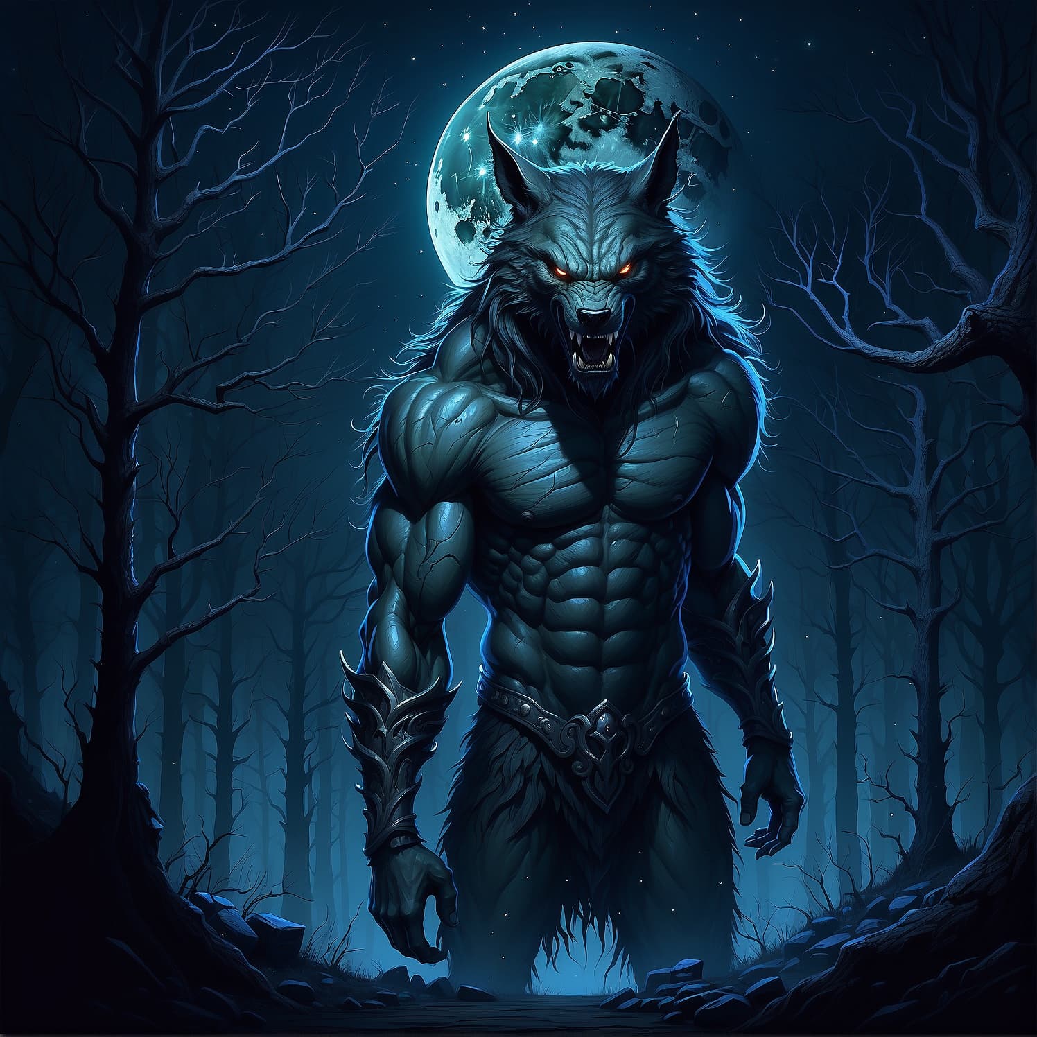 AI generated: As the full moon rises above the dark and foggy forest, a majestic werewolf stands tall, its fur gli...