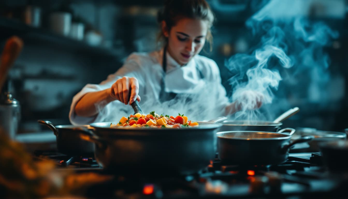 AI generated: Half body shot. female cook. Wide shot. Deep focus. (Shot at some distance:1.8) . A captivating cand...