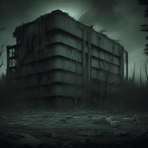 AI generated: movie still, Fukushima Nuclear Power Plant, ruins, mutated creature, collapsed debris, dystopian atm...