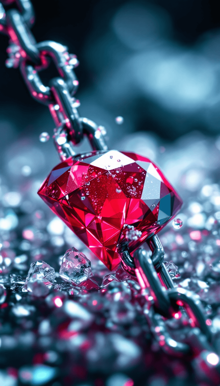 AI generated: big diamond ice out cuba chain. On the Chain is a red diamond and big the text: "BAILE RHYTHM" in a ...