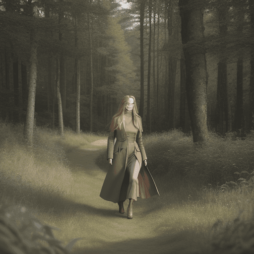 AI generated: a woman walking through a lush green field, vogue fashion photo, brown tuffle coat, beautiful swedis...