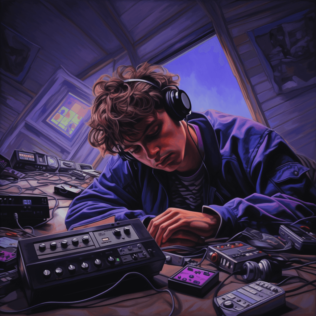 AI generated: one person lying on the floor using an electronic product, in the style of crisp neo-pop illustratio...