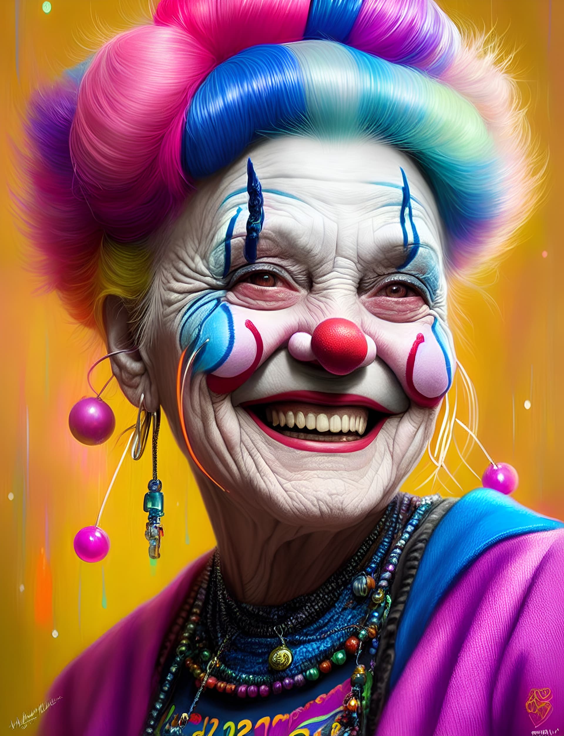 AI generated: A vibrant clown elderly woman with a beaming smile,(Smile), symmetrical, her eyes twinkling, wearing...