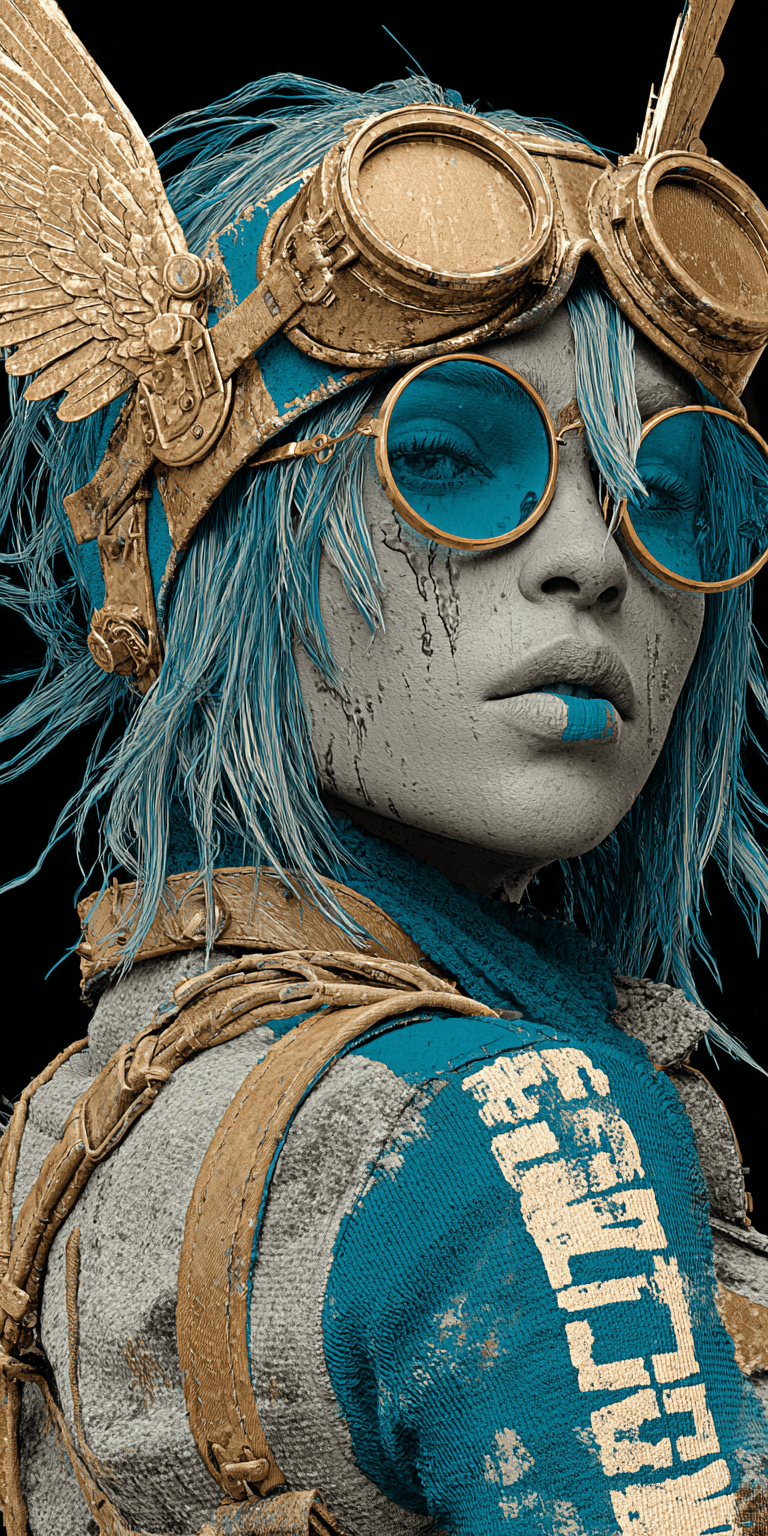 AI generated: 3d image of a steampunk woman, in the style of Bella Kotak, gold and cyan, photorealistic detail, da...