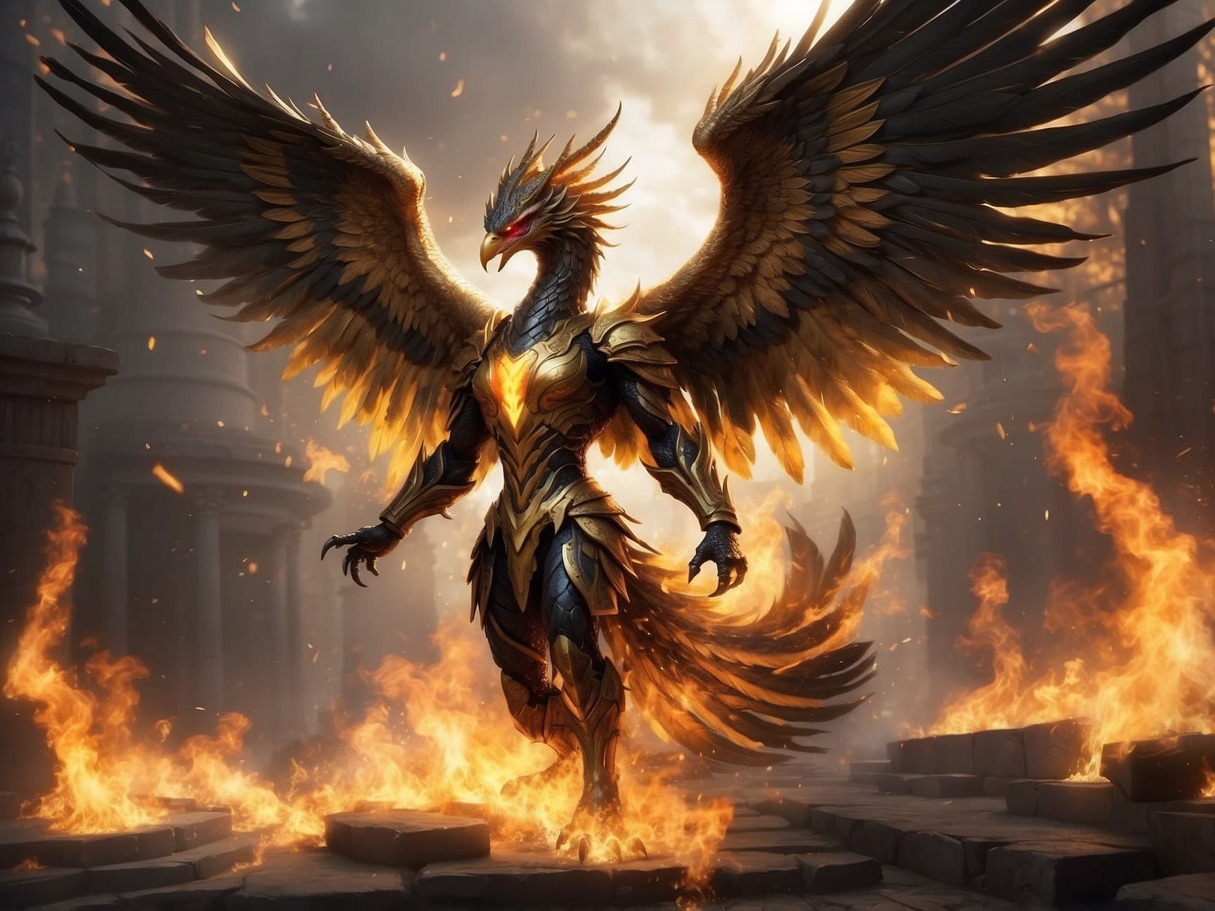 AI generated: Black and gold burning big flames Fenix with Burning wings facing the camera Avatar

