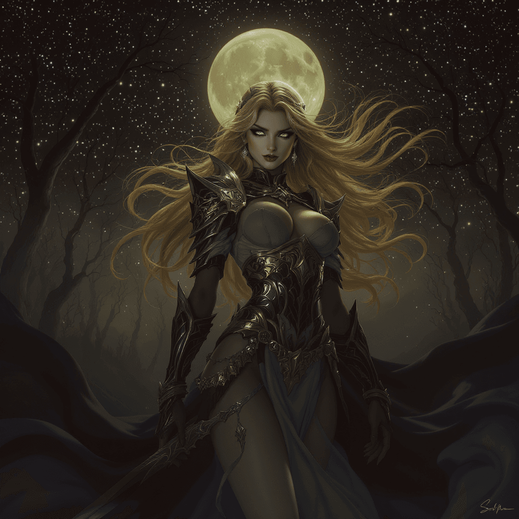 AI generated: A detailed and atmospheric illustration featuring a full-length image of a young and beautiful Europ...