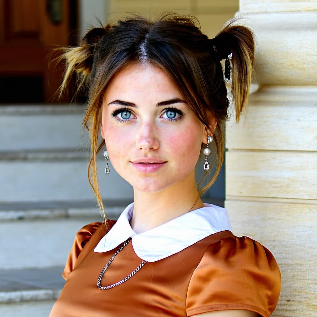 AI generated: A young Caucasian woman, 20 years old, gazes directly at the viewer with striking, light blue eyes, ...
