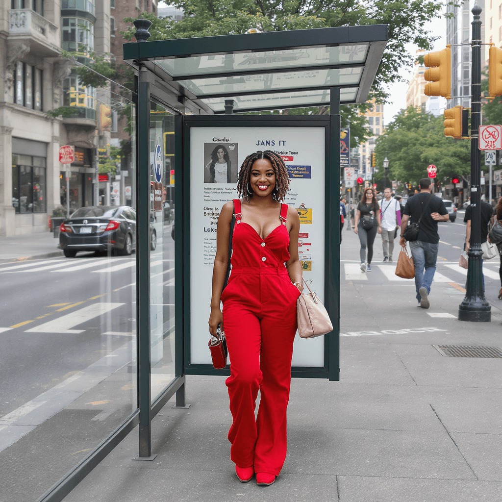 AI generated: full-body view: "A medium-skinned African American woman with twists, wearing a red denim jumpsuit a...