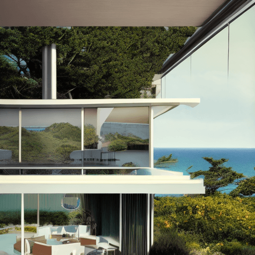 AI generated: hyper realistic eye level exterior photo of a mid century modern style house overlooking the ocean, ...