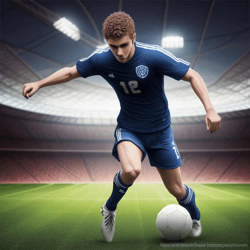 AI generated: Detail a scene in 3D. soccer football player, defined body running with a ball at his feet towards t...
