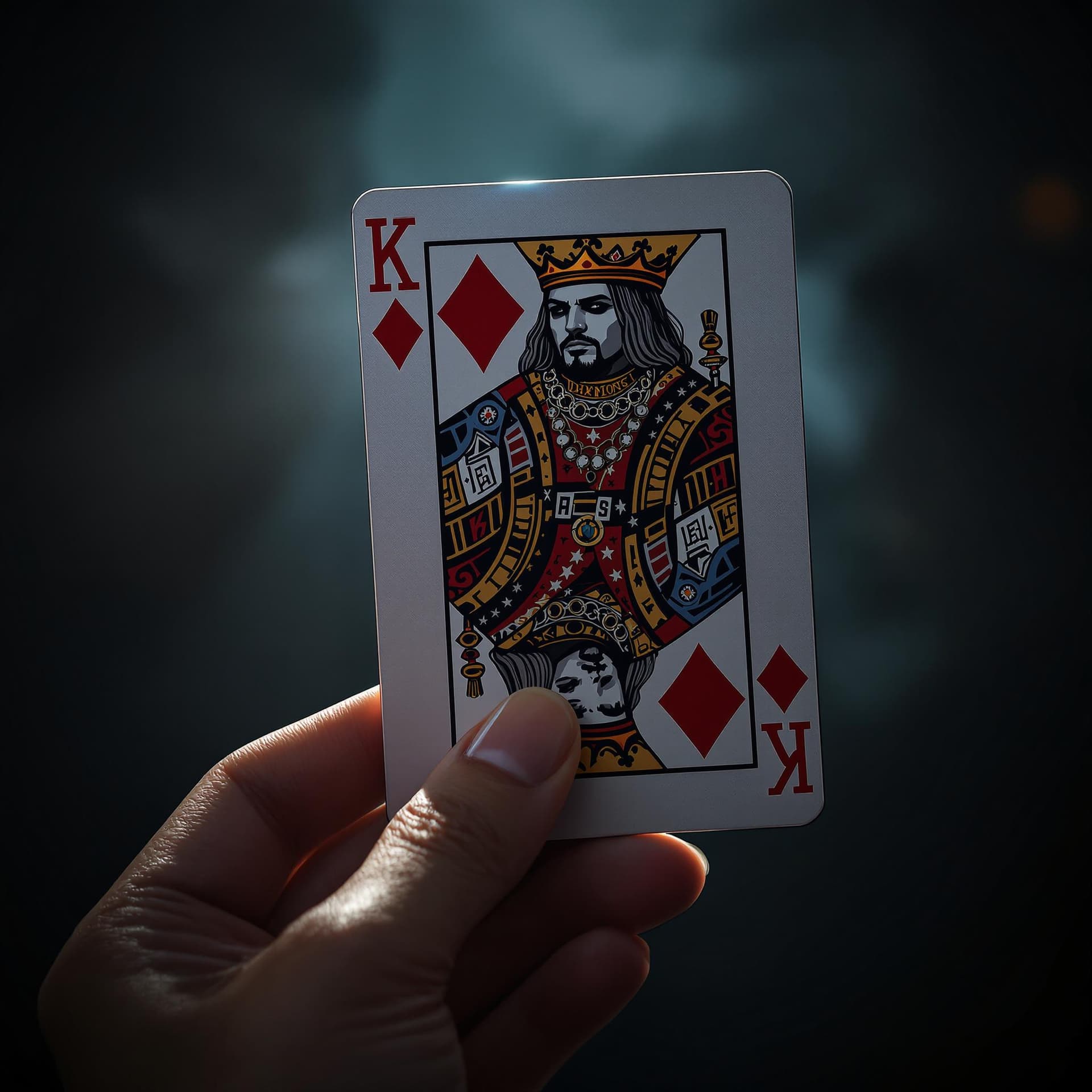 AI generated: a woman's hand holding a king of diamonds playing card depicting a hip hop character as the king, dr...