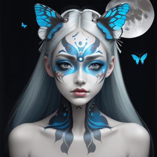 AI generated: Hot beauty creature girl face frontal symmetrical portrait, blue butterflies, attractive, elegant, g...