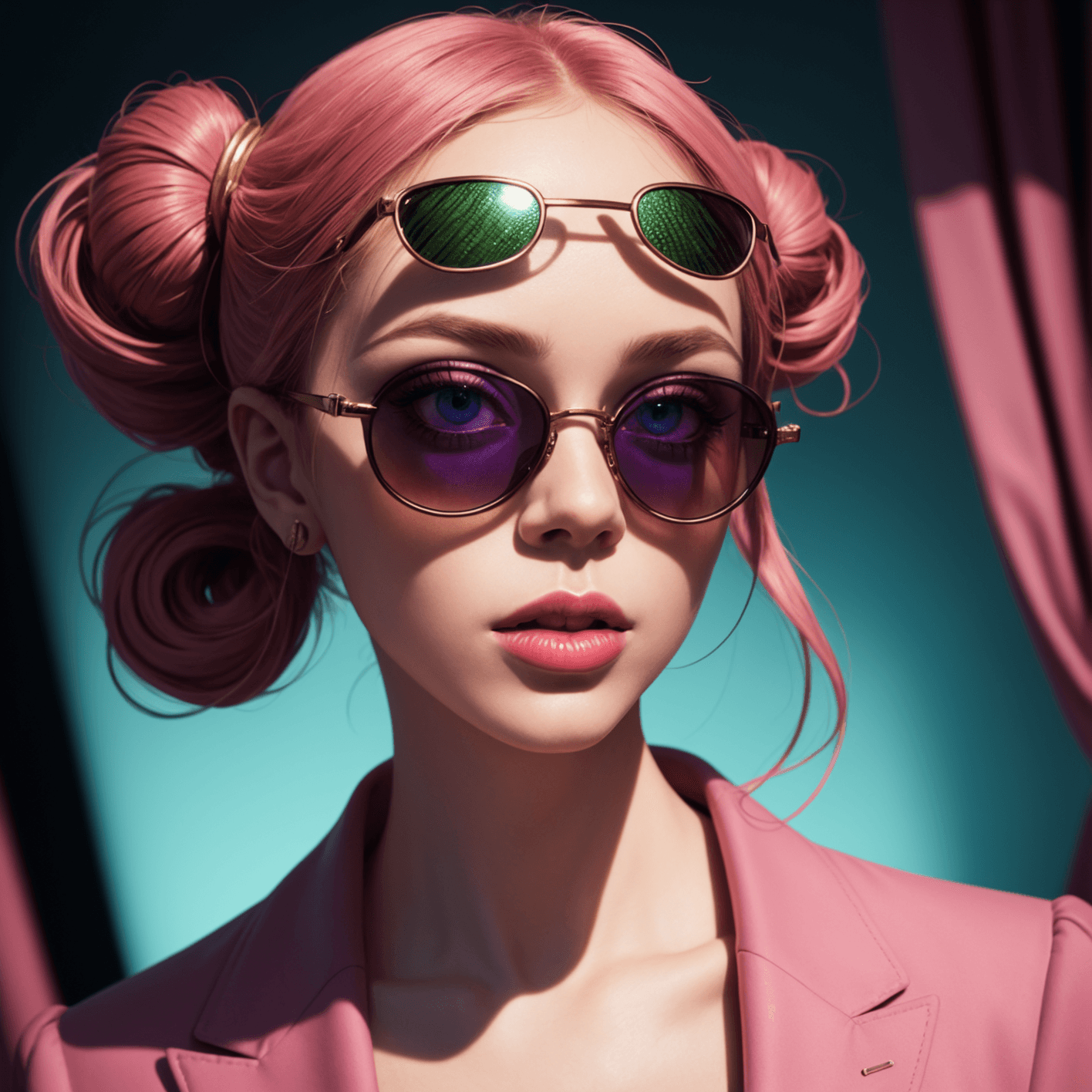 AI generated: style of Miles Aldridge, a colorful chameleon in a pink suit with sunglasses, (masterpiece award win...
