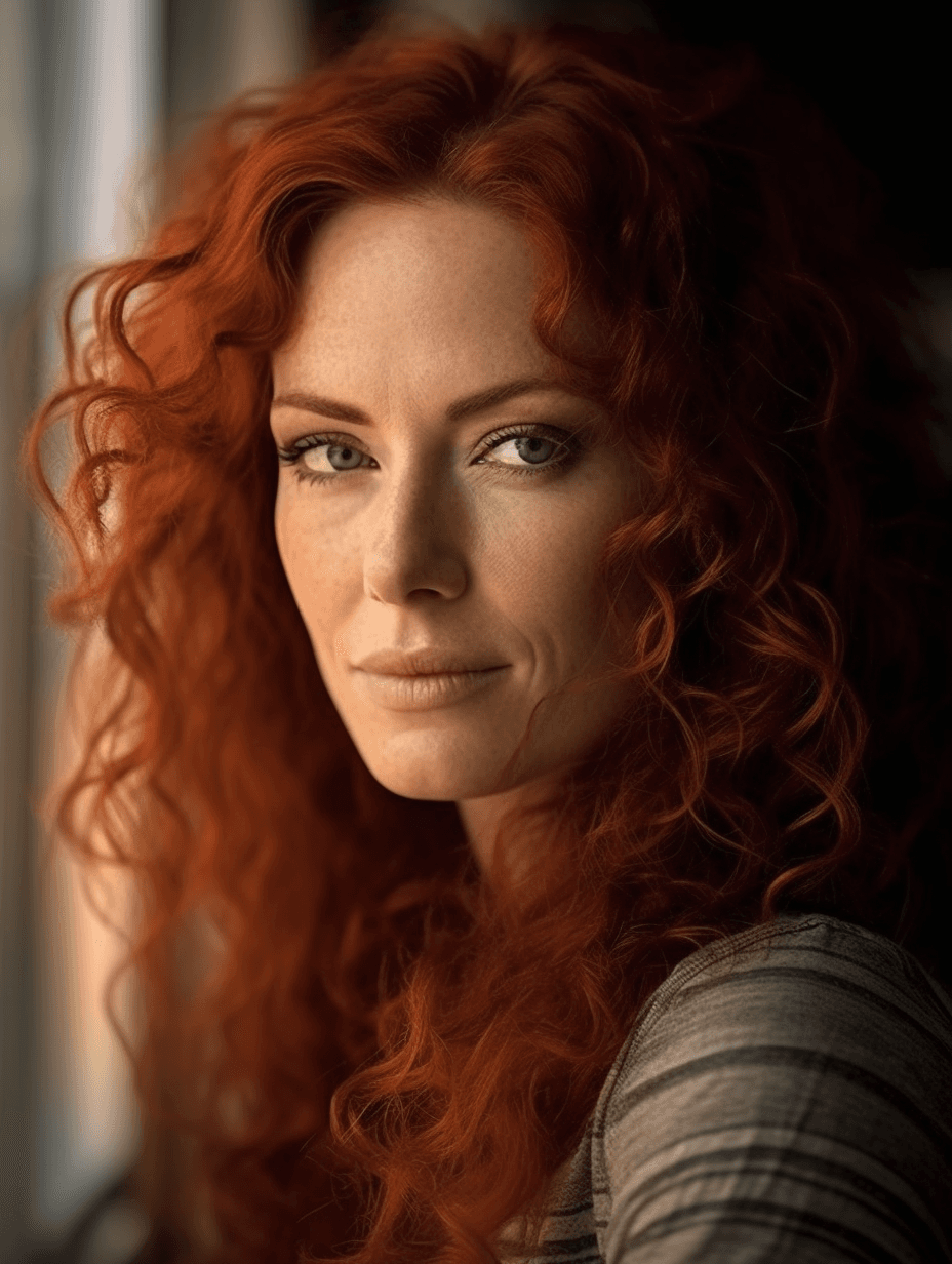 AI generated: Editorial Photography, half body portrait, beautiful 40 years old irish woman, red curly hair, gentl...
