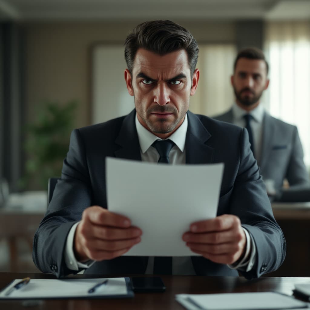 AI generated: scene in which a nasty looking employer hands over a contract to an employee, in the background the ...