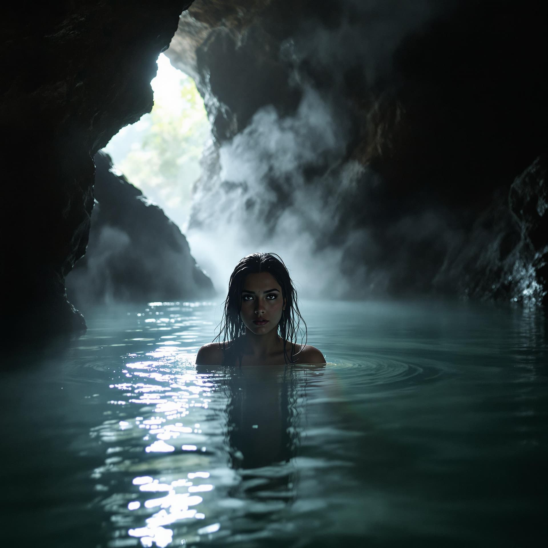 AI generated: hot spring inside a dimly lit cave, steam rises from the water, a Indian woman with long wet black h...