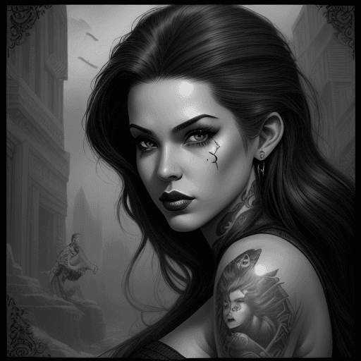 AI generated: female, fantasy, beauty, in the style of noir comic art, realistic hyper-detailed portraits, tattoo,...