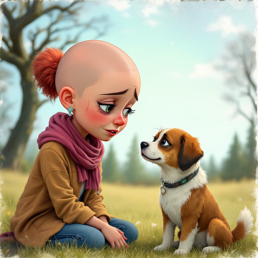 AI generated: A heartwarming scene of a sad teary eyed bald young woman   and a dog sharing a moment of companions...