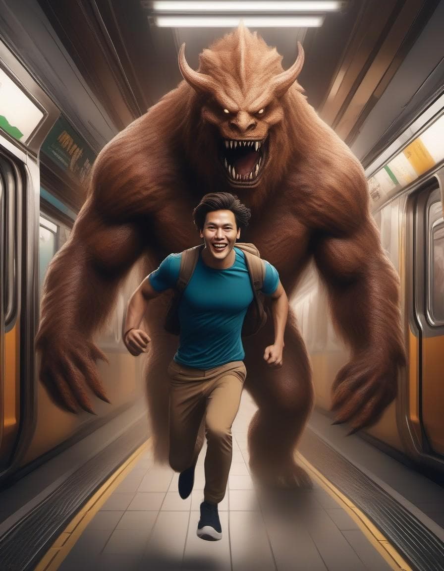 AI generated: people running from a monster in a subway, photo, 8k, hyper detailed art by daveshorror