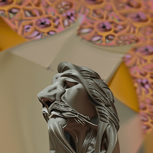 AI generated: photography of a (anthropomorphic lion-woman:1.35) in a fighting pose, delicate, blossoms arrangemen...