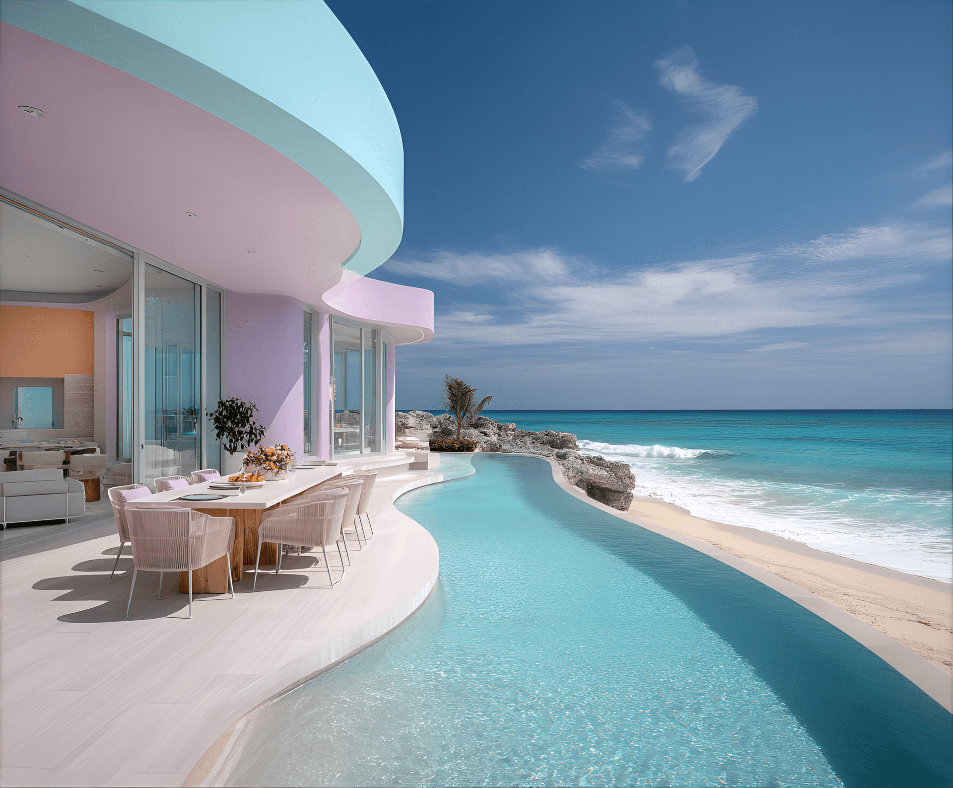 AI generated: dreamlike beachfront villa with a pastel turquoise exterior, wave-inspired architecture, and a
seam...