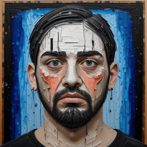 AI generated: sad man's face, eyes are teary, pallet knife painted, thick textured, thick layers of paint,
