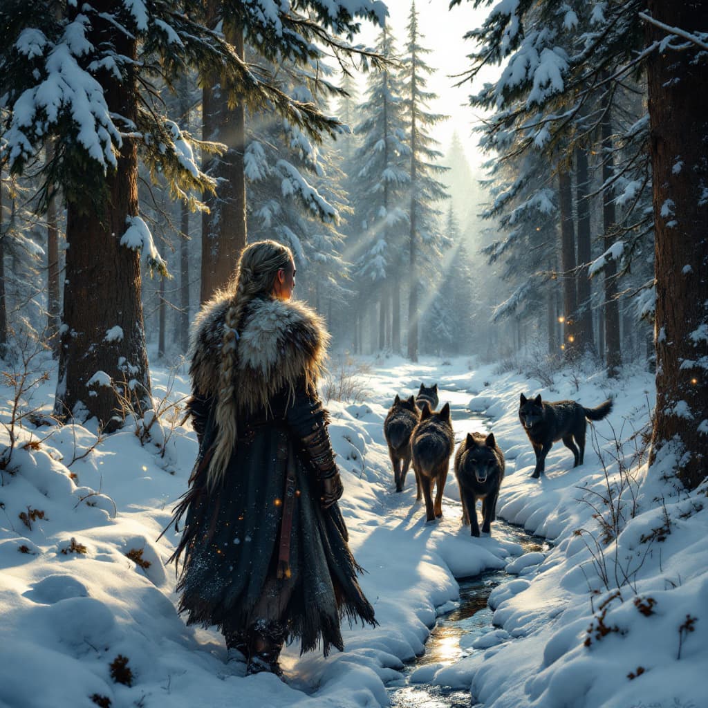 AI generated: Imagine a dense Nordic forest in the depths of winter, where tall pines and firs, a Viking warrior w...