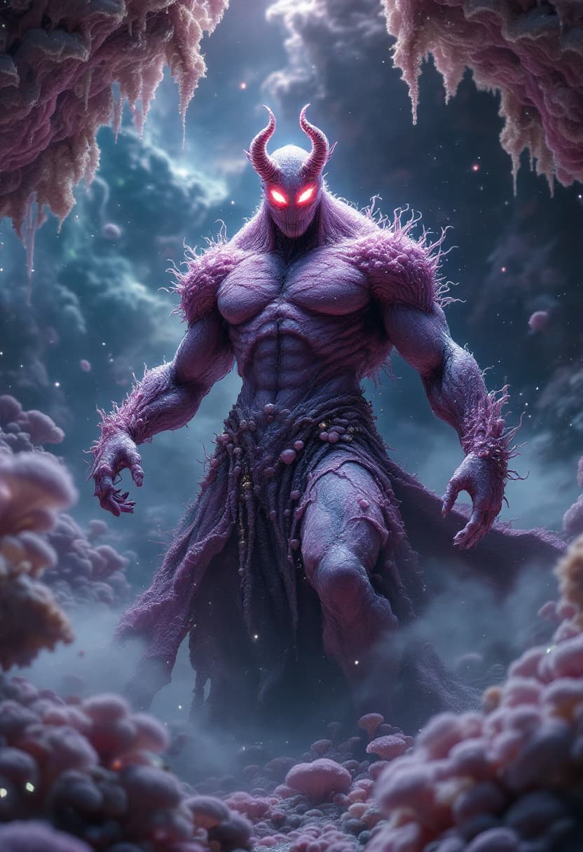 AI generated: God of fungi, full-body, Etherial, muscular, No mouth or hair, Glowing trippy eyes, epic, cinematic,...