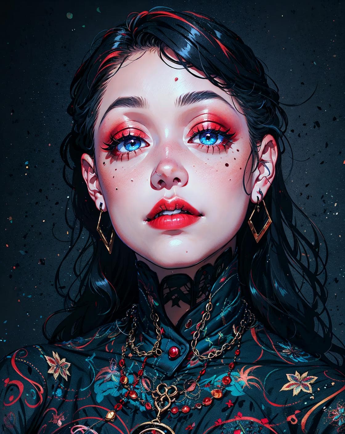 AI generated: 8k,solo,1girl,solo,black hair,makeup,earrings,mole under eye,blush,jewelry,long hair,lipstick,red li...