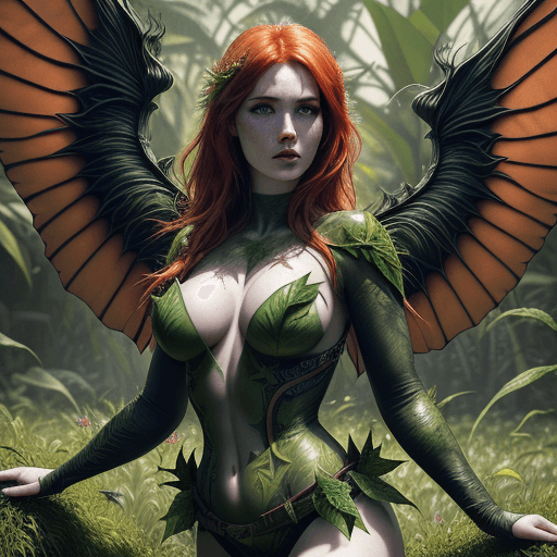 AI generated: ultra detailed photo shot of a woman (Jia Lissa) dressed as Poison Ivy, with wings made of ((grassy-...