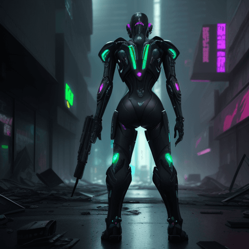 AI generated: Sleek android in a black cybernetic and futuristic exo-suit holding a futuristic rifle in a destroye...