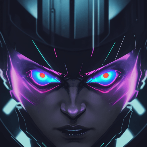 AI generated: frank miller illustration, anime, Arcane, bladerunner, villain frontal facial close up uplit from a ...