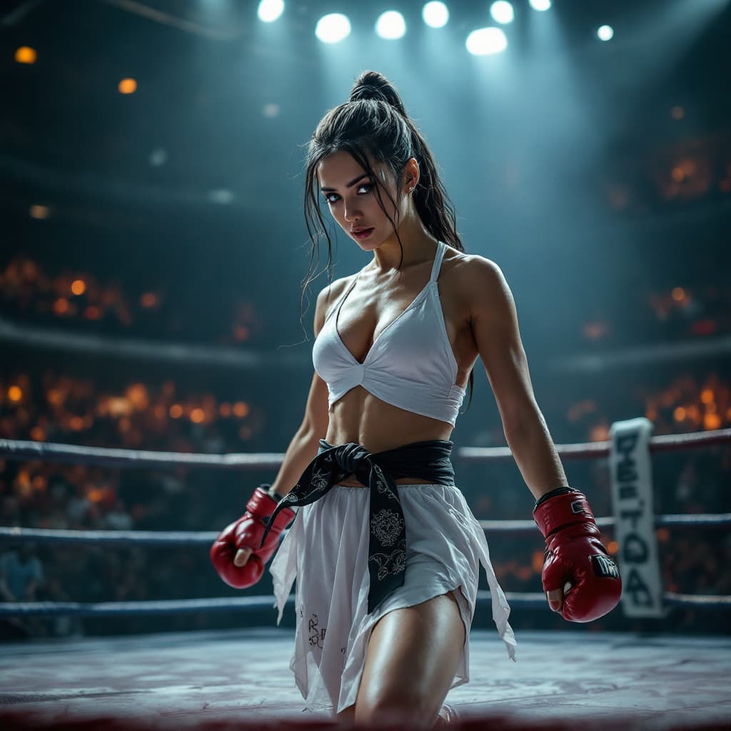 AI generated: Make a hyper realistic woman
Cosplay dress muay thai 
In the ring with many audience
Full body
Weari...