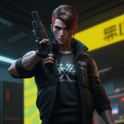 AI generated: a male protagonist of cyberpunk 2077 with a tuft, brown hair, red eyes, oily complexion, while killi...
