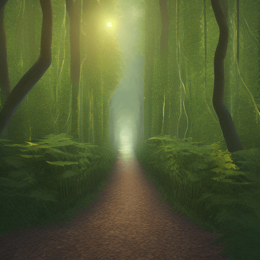 AI generated: narrow path into a tall forest with vines and light, photo 35 mm jwst high detail, octane render, 8k