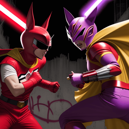 AI generated: red power ranger with bat ears and a yellow cape versus a purple power ranger with bat ears and red ...