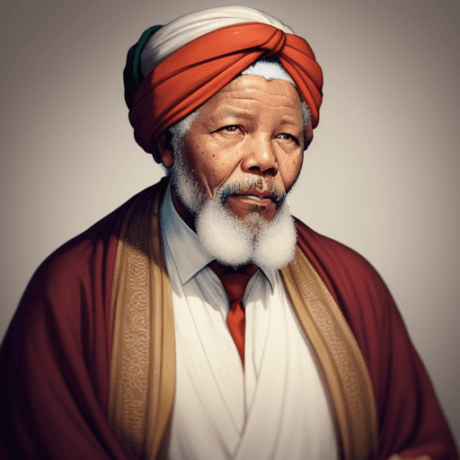 AI generated: The image features an Nelson Mandela with a beard and mustache, sad eyes, wearing a turban and a lon...