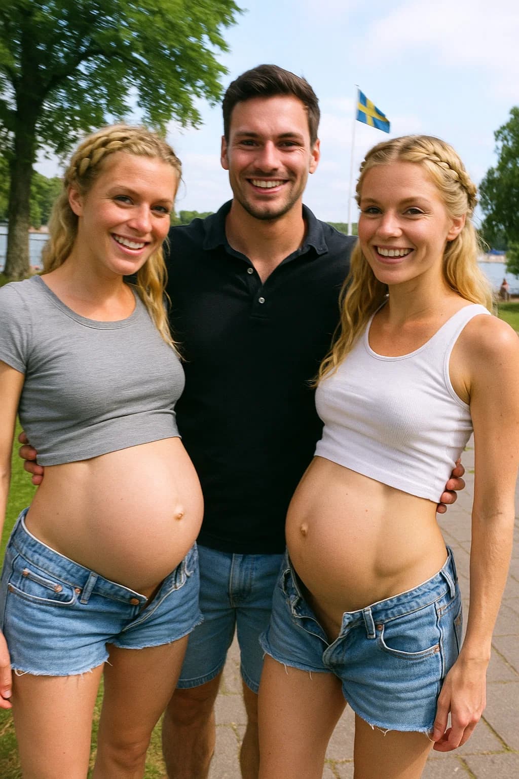 AI generated: A german handsome man in Sweden with two beautiful blonde women. They're pregnant with crown braids ...