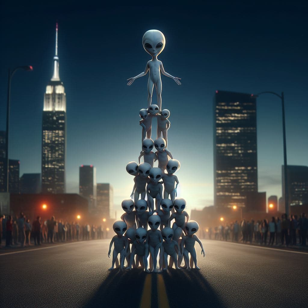 AI generated: A photo of a stack of happy Alien people standing on each others shoulders, human pyramid, cinematic...