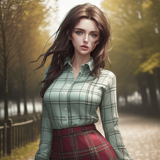 AI generated: A half Body Photo of a beautiful brunette Scottish girl, green eyes, messy hair style, white skin co...