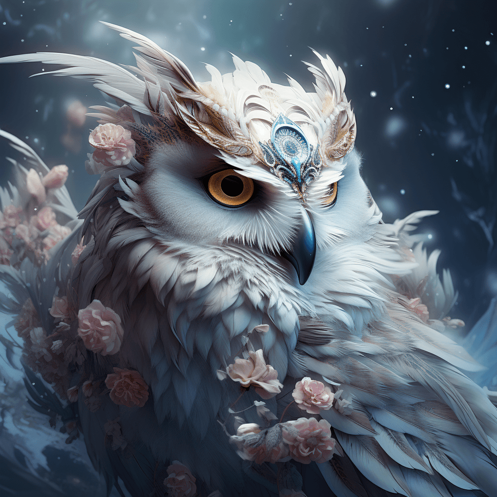 AI generated: highly intricately detailed photograph of a beautiful celestial filigree winter owl, centered, fanta...
