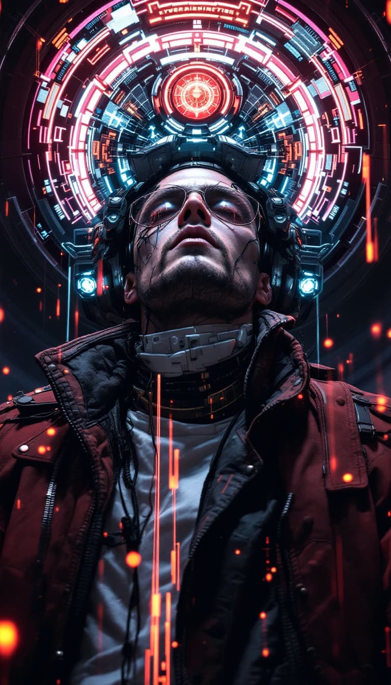 AI generated:  Portrait of a futuristic cyberpunk rebel leader, centered, adorned with revolutionary tech, in a hi...