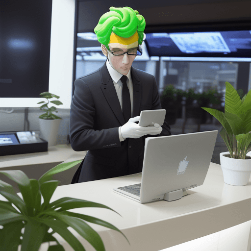 AI generated: plant in ultra modern environement, Mister mac donald using computer multi dimension