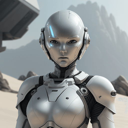 AI generated: white sci-fi female armor with cybernetic helmet, full armor, insulated armor, spacesuit, bald head,...
