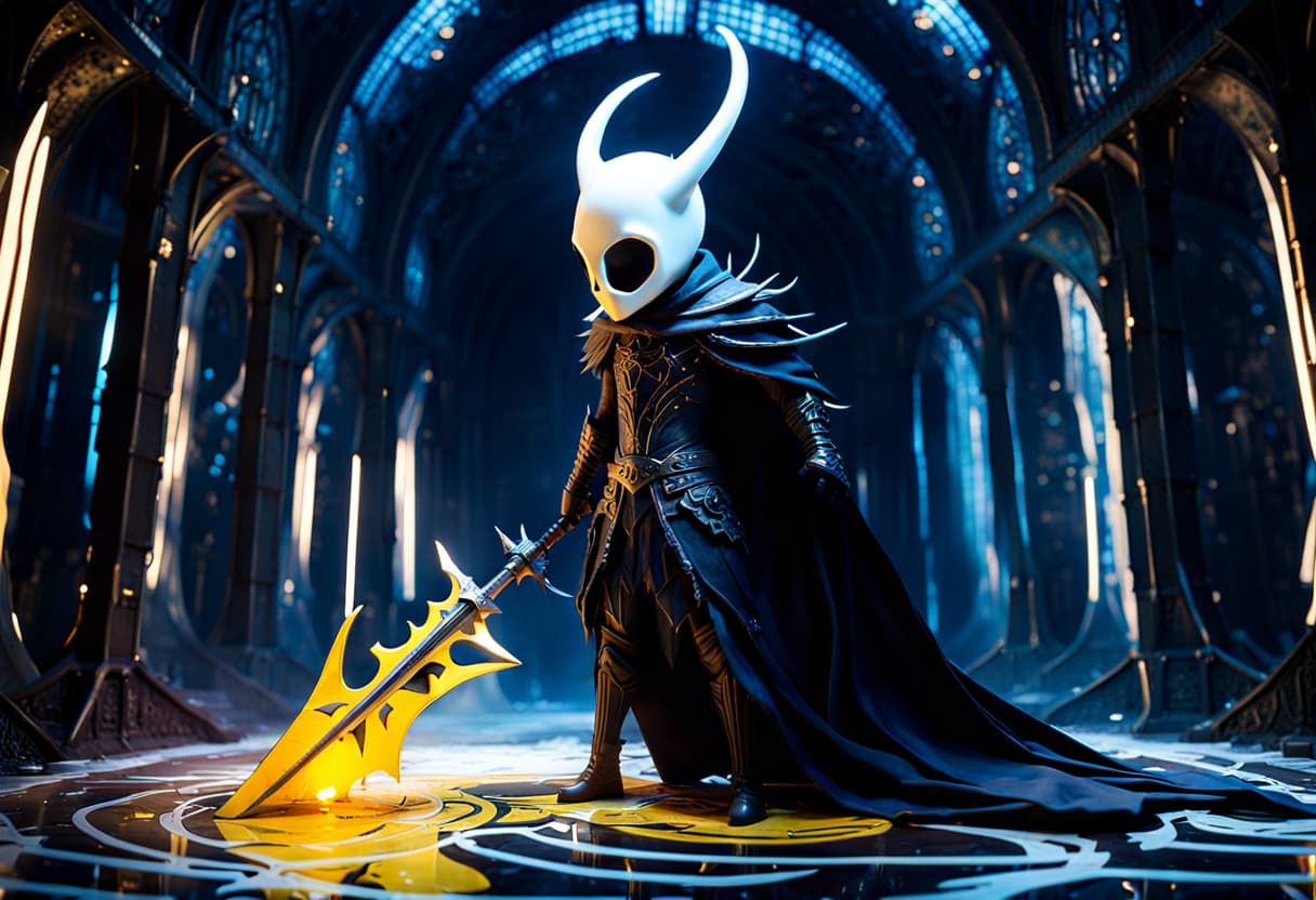 AI generated: Intricate CG unity wallpaper, close-up, Hollow Knight round mask, the black cone shape cloak , he is...