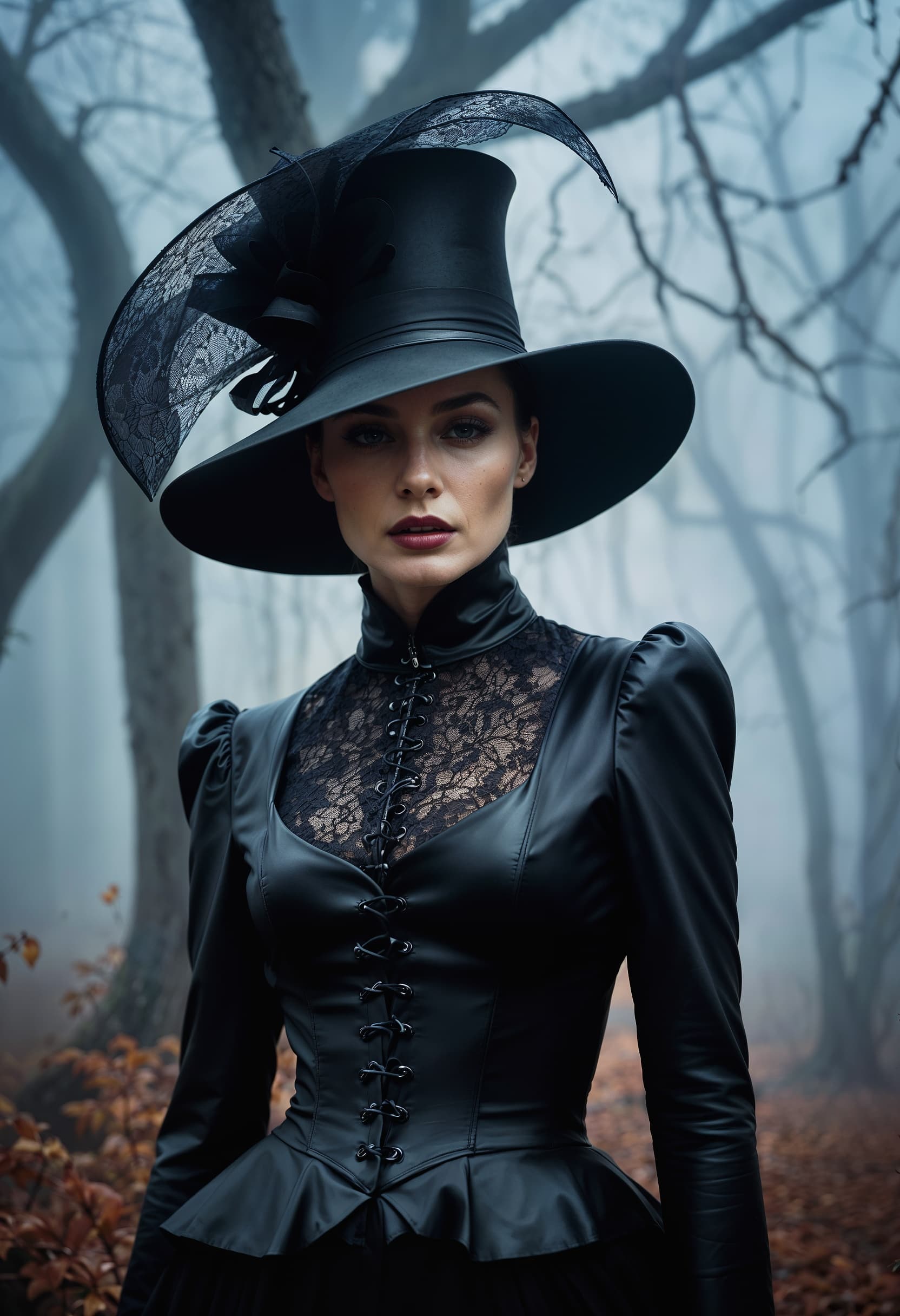 AI generated: A surreal, atmospheric photo of a woman in a gothic black dress with sharp shoulder pads, a wide-bri...