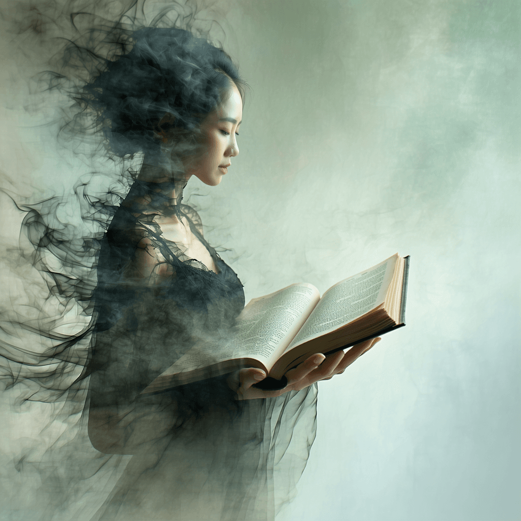 AI generated: A solitary story speaker, her form seems to shimmer like a memory and her clothes made of fabrics th...