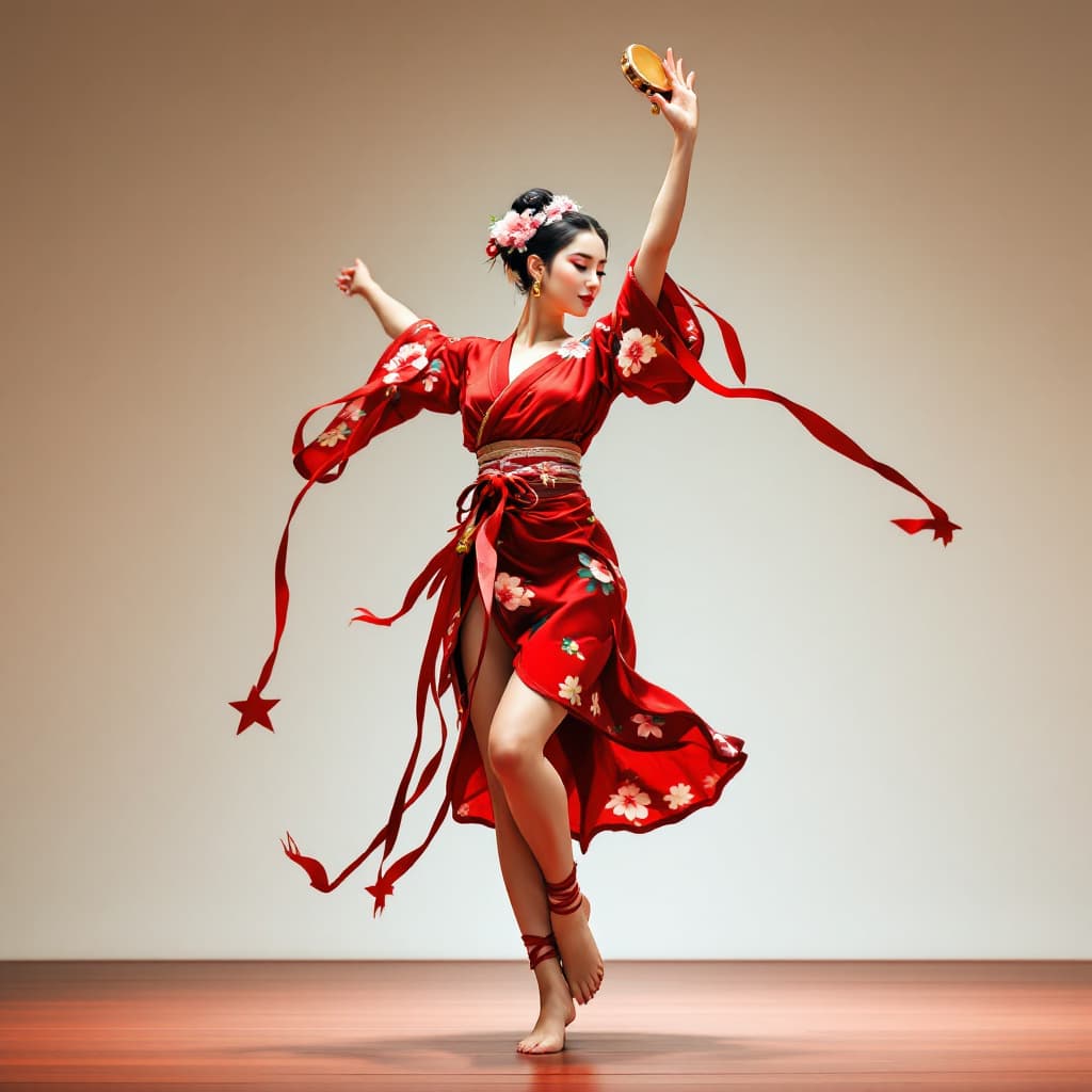 AI generated: Full body view of a beautiful corean woman, short black hair, flower in hair, Very short red flored ...