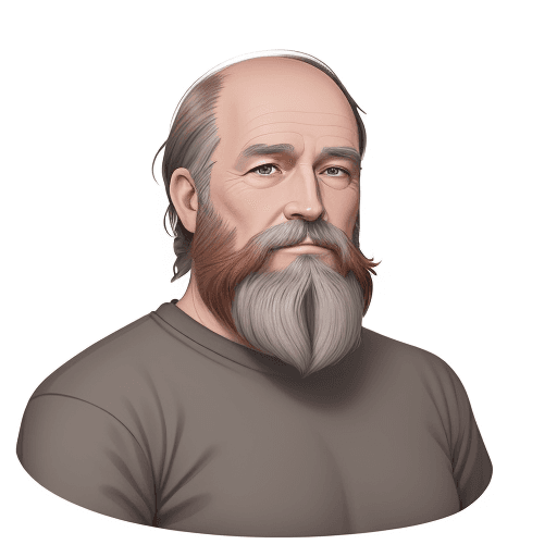 AI generated: A man about 50 years old with russet hair with graying and balding, unkept beard in simple clothes i...