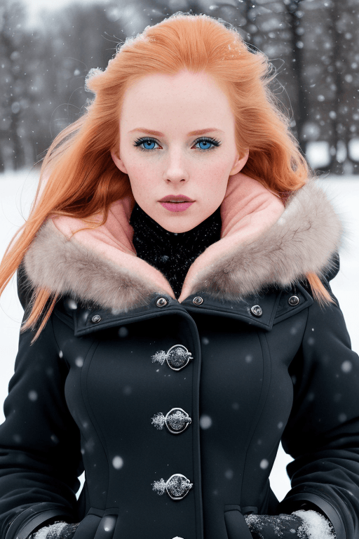 AI generated: photograph of a woman in black coat, (winter city), [pink | blondy long hair], ginger tones, studio ...